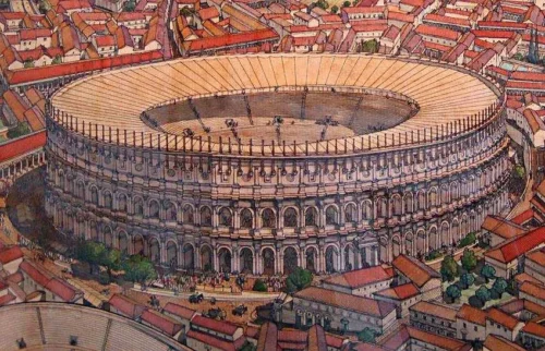 ricostruzione grafica di come era l'anfiteatro flavio di pozzuoli