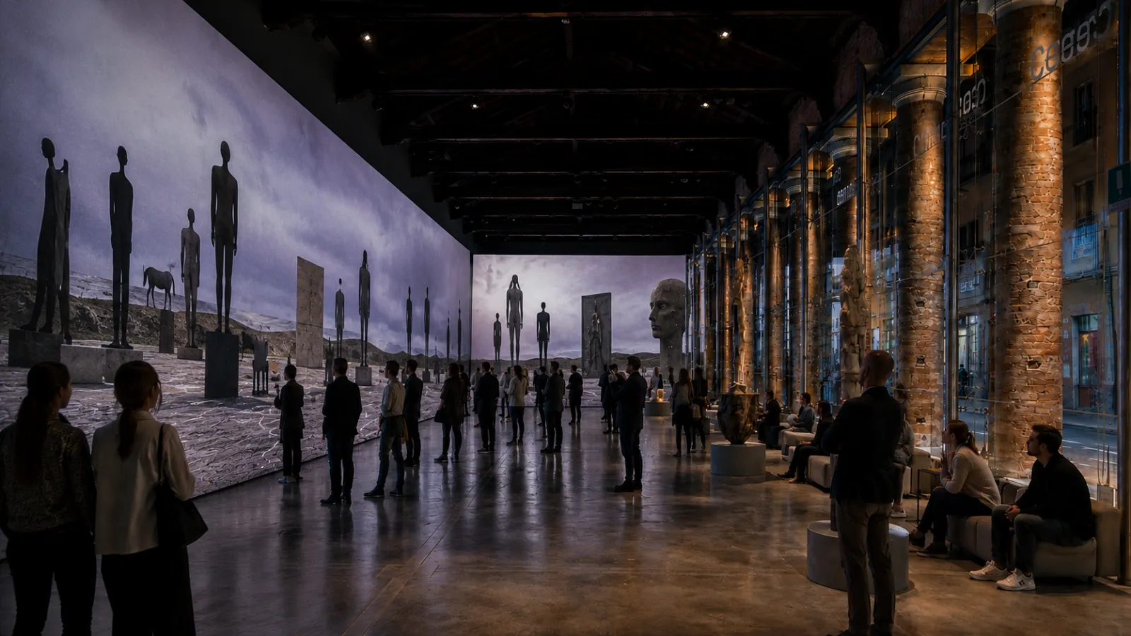 Render di progetto del ciclorama immersivo 180° di Pesaro Experience: la piazza di Pesaro proiettata al blue hour