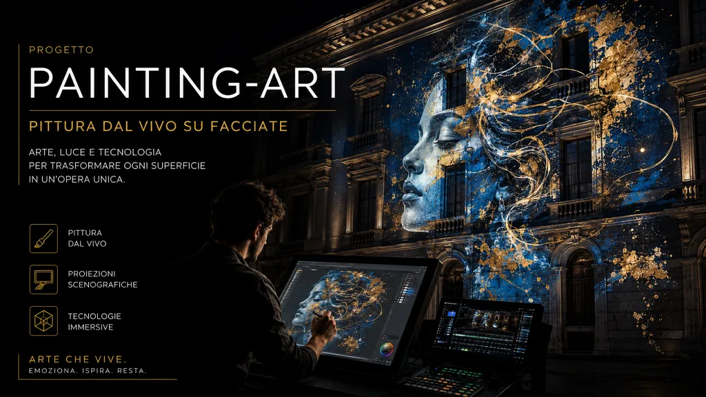 proiezione su facciata storica mentre l'artista disegna